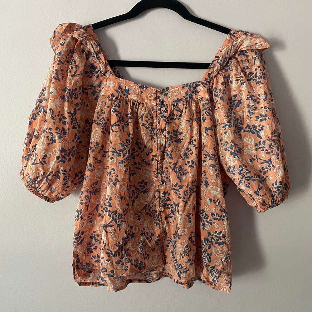 Cleobella Pink Blue Floral Peasant Blouse Button Down Cotton Women's size Small